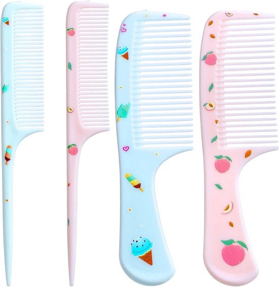 Set van 4 Baby Kammetjes met Schattige Patronen, Fijne Tanden en Ratstaart Kam voor Baby's en Peuters in Roze en Blauw, Ideaal voor Hoofdhuidverzorging en Haarstyling van Merkloos