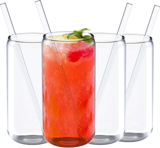Set van 4 bierglazen van 500 ml in de vorm van een blikje, waterglazen, longdrinkglazen, drinkglazen met glazen rietjes, universele glazen, sapglazen, glazenset, wijnglazen zonder steel voor water en bier. van Luwu-Store