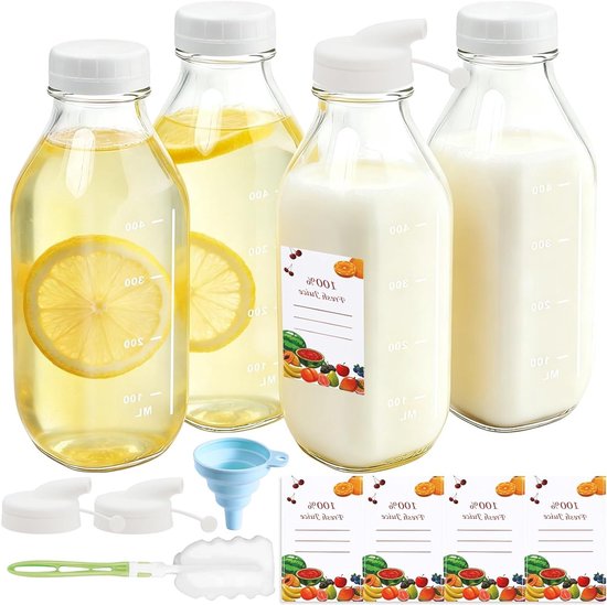 Set van 4 Glazen Sapflessen met Deksel 500ml, Vierkante Flessen voor Smoothies, Sap en Melk, Ideaal voor Zelfgemaakte Dranken en Koude of Warme Dranken