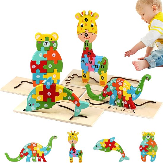 Set van 4 houten puzzels voor peuters, Montessori-speelgoed, dierenpuzzels met cijfers 1-10, educatief speelgoed voor kleuters, verjaardagscadeaus voor jongens en meisjes