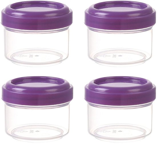 Set van 4 kleine plastic potjes met deksels. Mini, transparante, navulbare ronde bakjes, perfect voor op reis en om te knutselen. Lekvrije bewaarpotjes voor voedsel, geschikt voor het bewaren van kruiden. van Merkloos