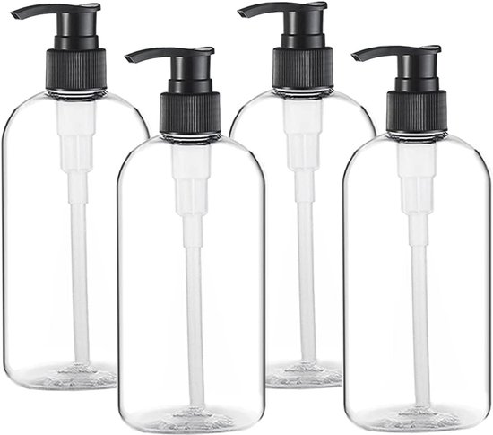 Set van 4 lege plastic pompflessen van 500 ml (16 oz), draagbaar, transparant, cilindrisch, BPA-vrij, voor shampoo en lotion. Duurzame, navulbare flessen.