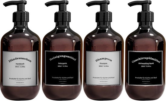 Set van 4 Plastic Zeepdispenser - 300 ml - Pompflessen Set voor Badkamer met Labels - Bruine Shampoo Fles