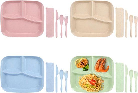 Set van 4 platte borden, gedeelde borden met onderverdeling, 3 vakken, herbruikbaar, campingborden, diepe dieetborden voor volwassenen en kinderen, lichte borden (25 x 22,5 x 3 cm) van Supreme Home Cook
