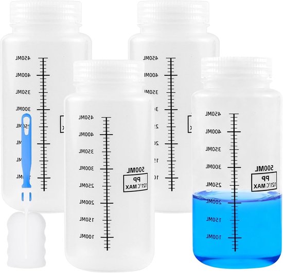 Set van 4 ruime 500ml plastic flessen met reinigingsborstel voor laboratoriumgebruik, ideaal voor het vullen van vloeistoffen en monsters