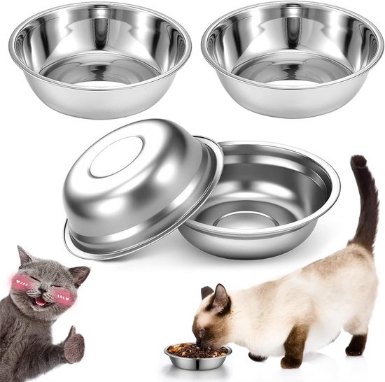 Set van 4 Rvs Honden- en Kattenbakken, Ondiepe Schalen voor Kleine Honden en Katten, Vaatwasmachinebestendig, 16 cm, Ideaal voor Voeding en Water