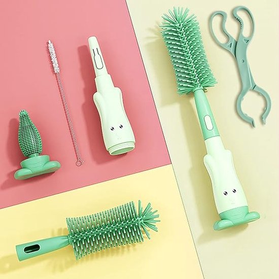 Set van 4 siliconen reinigingsborstels, flessenborstel, fopspeenborstel, rietborstel en flessentang, herbruikbaar, geschikt voor alle soorten flessen en kopjes van DELABRATION