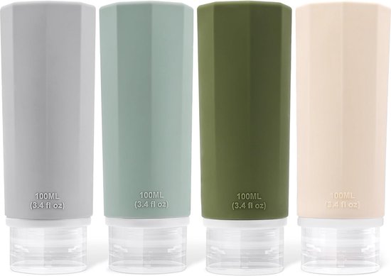 Set van 4 siliconen reisflessen, 100 ml, reisflessen om te vullen, cosmetica, shampoo, vloeistoffen, lekvrij, navulbaar, lege reisset, reisformaat, containers, reiskit van MOCHIC