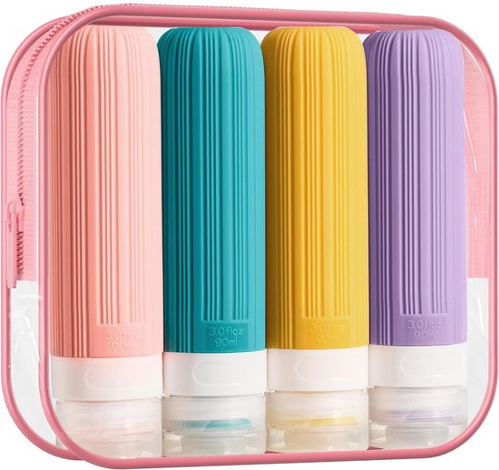 Set van 4 siliconen reisflessen, lege reisfles 90 ml, lekvrije reiscontainer, cosmetische fles klein, shampoo reisformaat, waterdicht en lekvrij, voor shampoo, cosmetica van Merkloos