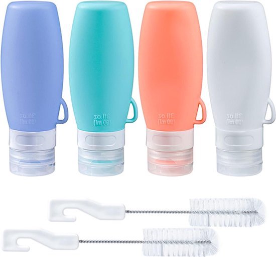 Set van 4 siliconen reisflessen voor salade dressing - Draagbare flessen van 90ml met reinigingsborstel - Saus- en specerijopslag