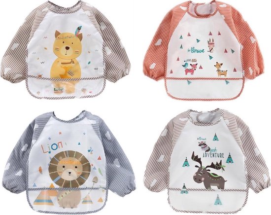 Set van 4 Slabbetjes met Lange Mouwen en Brede Opvangbak – Eland/ Leeuw / Hert / Kat – 1 tot 4 jaar van Merkloos