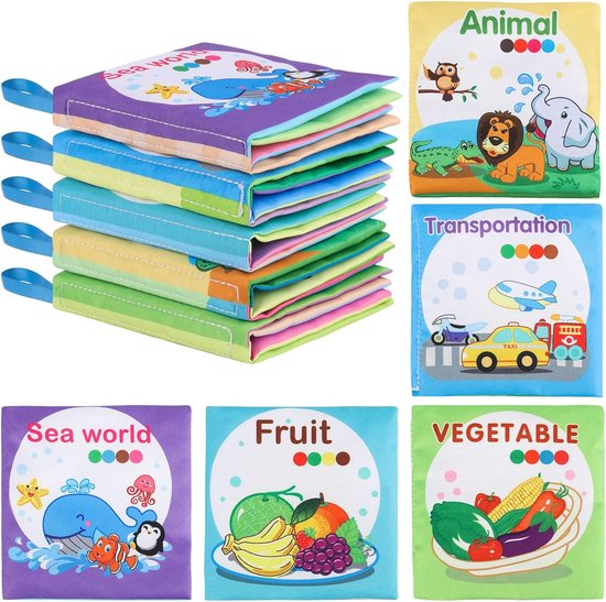 Set van 5 babybadboeken, geschikt voor jonge kinderen om de namen van dieren, fruit, groenten en vervoer te leren, kleurrijke patronen, niet-giftig, waterdicht, zachte stof, geschikt voor baby's en kleuterspeelgoed