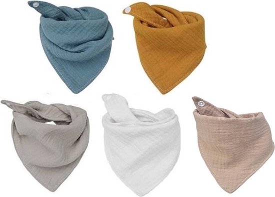 Set van 5 hydrofiele bandana slabbetjes – Effen Blauw - Grijs - Beige – 100% katoen van Merkloos