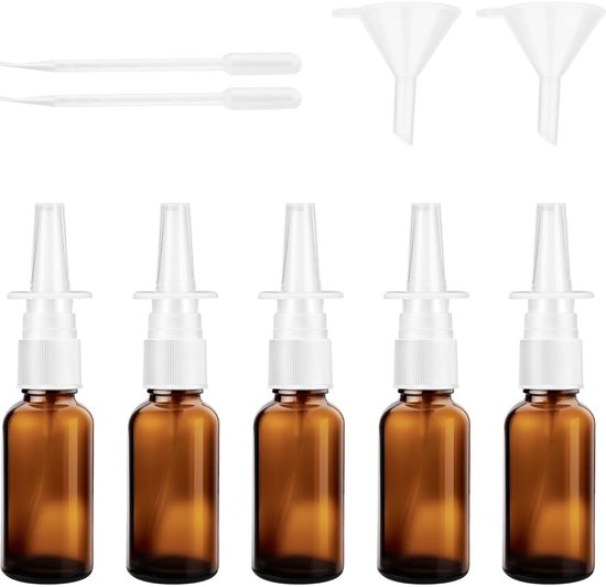 Set van 5 Lege Neusspray Flessen - Herbruikbare Glazen Navulfles - 30 ml Met Sproeikop en Trechters
