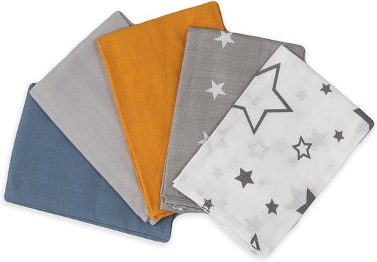 Set van 5 multifunctionele mousselinedoeken voor baby's - 34 x 34 cm, 100% katoen, perfect als spuugdoek en meer van Merkloos