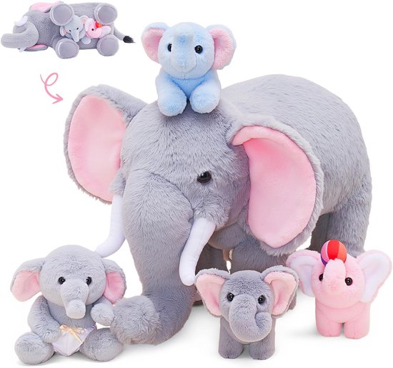 Set van 5 Pluche Olifanten Knuffels, Inclusief Jong met 4 Babyolifantjes