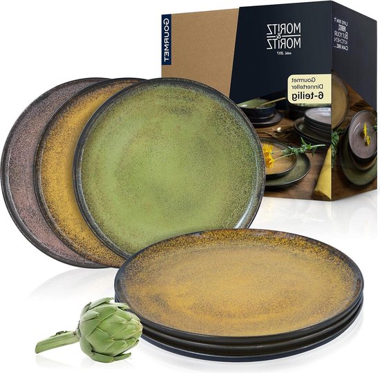 Set van 6 dinerborden in geel, groen en roze - voor 6 personen - porselein - vaatwasser- en magnetronbestendig borden set van LEONARDO