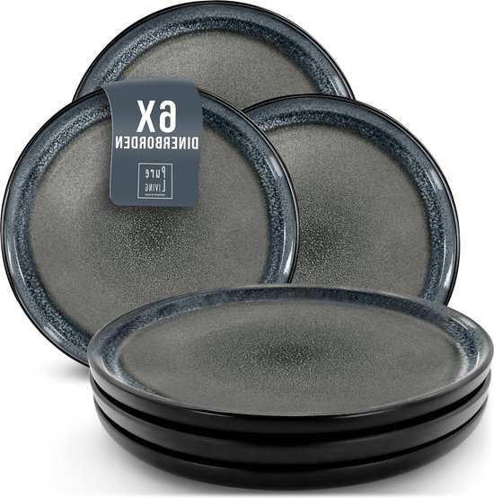 Set van 6 Grote Steengoed Borden - Dinerborden Vaatwasser - Magnetron - en Krasbestendig - Stijlvol Geschikt voor 6 Personen - Serviesset Dinerborden - Pure Living in donker grijs borden set van Pure Living