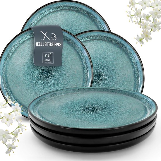 Set van 6 Grote Steengoed Dinerborden - Vaatwasser - Magnetron - en Krasbestendig - Geschikt voor 6 Personen - Serviesset - Pure Living in Petrol - Stijlvol borden set van Pure Living