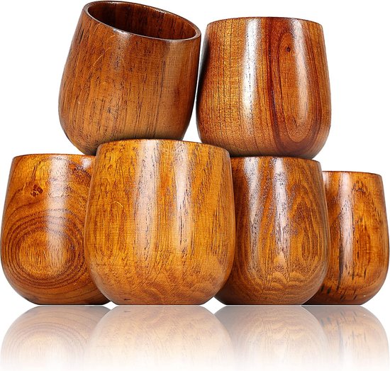 Set van 6 houten bekers/decoratiebekers (decoratiebekers), drinkbekers van milieuvriendelijk hout met een inhoud van 150 ml, houten bekers in eenvoudig design, kleur: donkerbruin van Com-Four