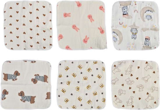 Set van 6 katoenen washandjes voor baby's, 25 x 25 cm, herbruikbaar, zacht en ademend, ideaal voor pasgeborenen en verzorging
