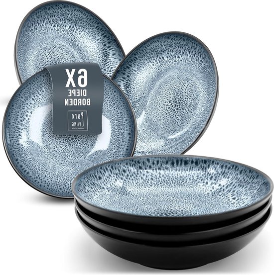 Set van 6 Luxe Steengoed Diepe Borden - Stijlvolle Pastagerechten voor 6 Personen - Serviesset Dinerborden in Rokerig Blauw borden set van Kook 홈.