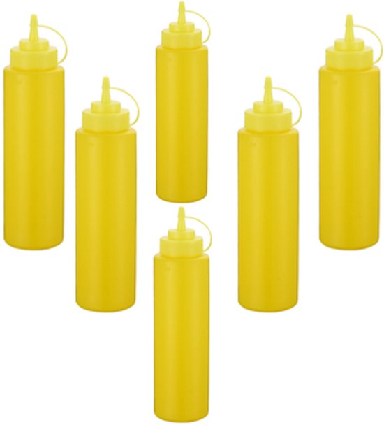 Set van 6 - Specerijenflessen - Sausflessen - Knijpflessen - Kruidenflessen voor keuken en catering - Met draaibare dop - BPA-vrij plastic - Lekvrij - Geschikt voor mosterd, siropen, sauzen, saladedressings, oliën en ketchup - 250 ml - Geel