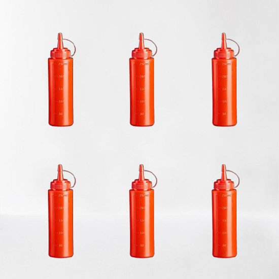 Set van 6 - Specerijenflessen - Sausflessen - Knijpflessen - Kruidenflessen voor keuken en catering - Met draaibare dop - BPA-vrij plastic - Lekvrij - Geschikt voor mosterd, siropen, sauzen, saladedressings, oliën en ketchup - 250 ml - Rood