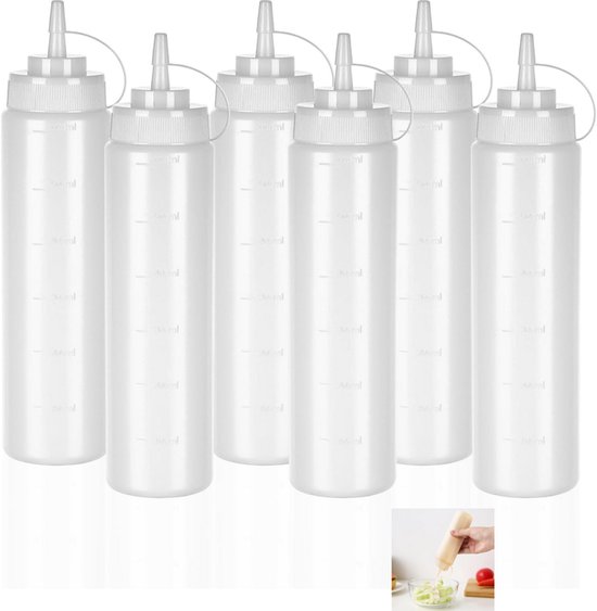 Set van 6 - Specerijenflessen - Sausflessen - Knijpflessen - Kruidenflessen voor keuken en catering - Met draaibare dop - BPA-vrij plastic - Lekvrij - Geschikt voor mosterd, siropen, sauzen, saladedressings, oliën en ketchup - 250 ml - Wit