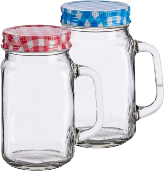 Set van 6x stuks glazen Mason Jar drinkbekers/drinkpotjes met gekleurde dop 430 ml - anti-lek drinkglazen van $