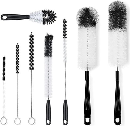 Set van 8 - Flessenreinigingsborstel Set - Schoonmaak borstel - Borstel - Flessenreinigingsborstel - Flessenreiniger met lange steel - Rietjesreinigingsborstel - Voor flessen, rietjes, bierflessen, thermosflessen, bekers, sportbekers, ketels - Zwart van Merkloos