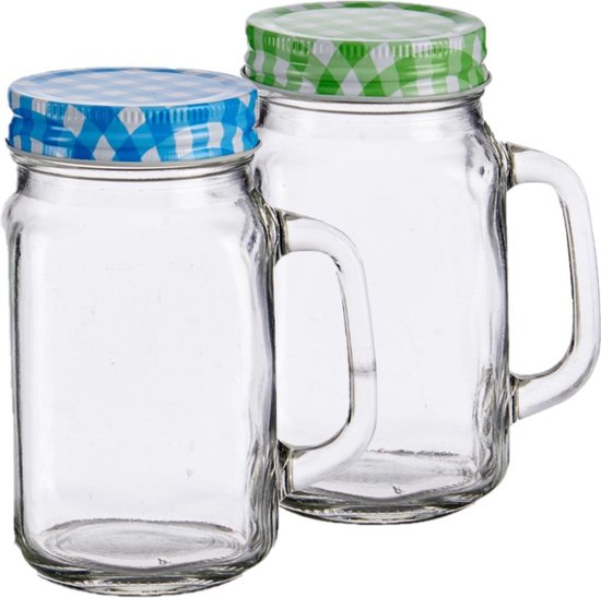 Set van 8x stuks glazen Mason Jar drinkbekers/drinkpotjes met gekleurde dop 430 ml - anti-lek drinkglazen van Merkloos