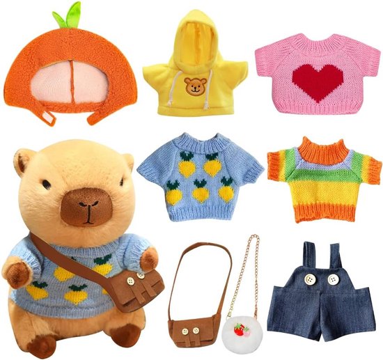Set van 9 Capibara Knuffeldieren van 23 cm - Pluche Speelgoed met Kleding en Accessoires van Merkloos