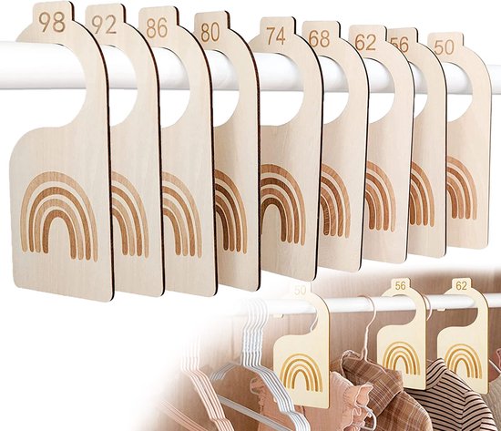 Set van 9 houten kledingverdelers voor baby's - maten 50-98 – Kledingverdeler voor de babykast – Een geweldig kraamcadeau van Merkloos
