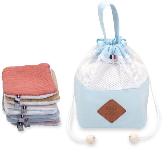 Sevira Kids - Dispenserzakje met 8 wasbare katoenen gaasdoekjes, jeanne - Blauw