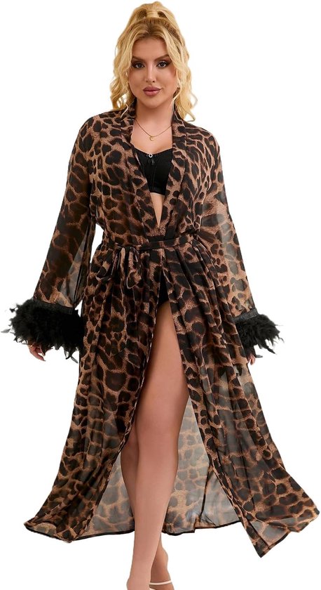 sexy damesochtendjas, lange kimono, badjas voor vrouwen, nachtkleding, nachthemd, pyjama, negligé met riem, chiffon, elegant, transparant, grote maten S-2XL
