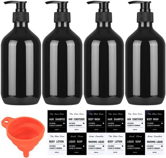 Shampoo Flessen 500 ml - Hervulbaar - Pompflessen - Set van 4 - Duurzaam PET - Inclusief Trechter/Stickers