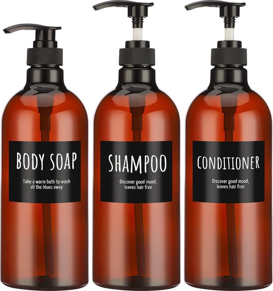 Shampoofles met pomp, SUPER set 3 stuks, lege shampoo- en conditionerfles, shampoo-dispenserfles voor lichaamszeep, bruine kunststof persdispenser, navulbaar van NEMSY---
