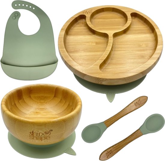 ShipShape Bamboe Babyvoedingset | Zuignapborden en -kommen | 2 Lepels en siliconen slab | Babyvoedingsset voor spenen | Bamboe borden | Babyborden met zuignap | Peuter borden- en kommen set van $