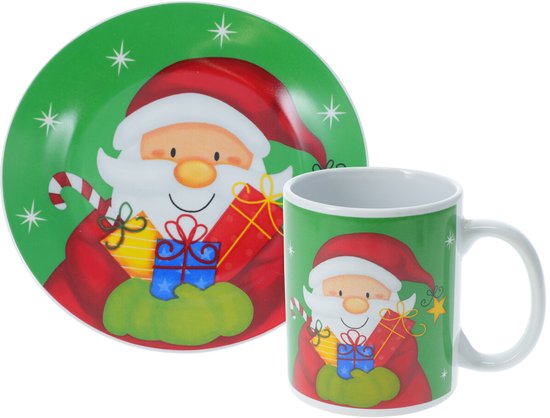 SIAKI Kerst servies setje - bordjes, beker - 2-delig - groen met kerstman - voor kinderen - ontbijtsetje - kerstservies van Merkloos