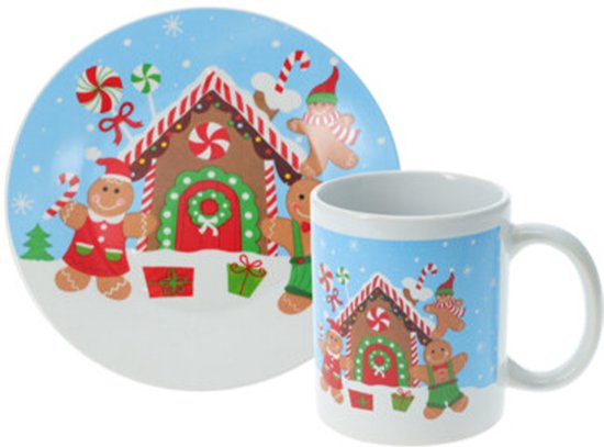 SIAKIKerst servies setje - bordjes, beker - 2-delig - blauw met kersthuis - voor kinderen - ontbijtsetje - kerstservies van Merkloos