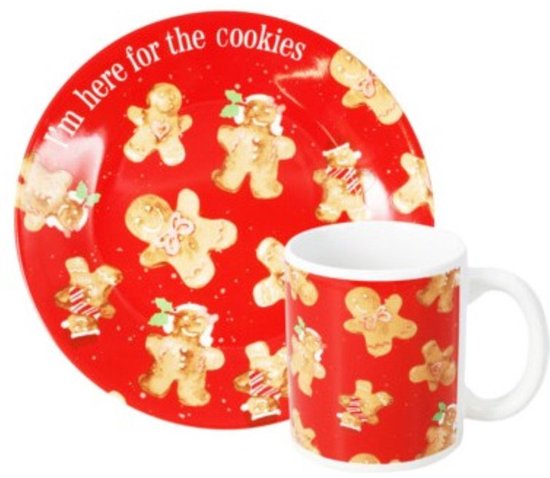 SIAKIKerst servies setje - bordjes, beker - 2-delig - rood met peperkoekenmannetje - voor kinderen - ontbijtsetje - kerstservies van Merkloos