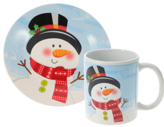 SIAKIKerst servies setje - bordjes, beker - 2-delig - wit met sneeuwpop - voor kinderen - ontbijtsetje - kerstservies van Merkloos