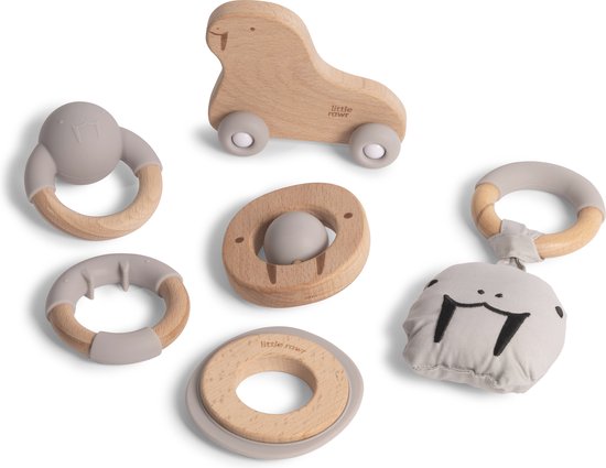 Silibaby – Bijtringen voor Baby's – Houten Speelgoed met Silicone – Bijtspeelgoed - Set van 6 - Grijs van Silibaby
