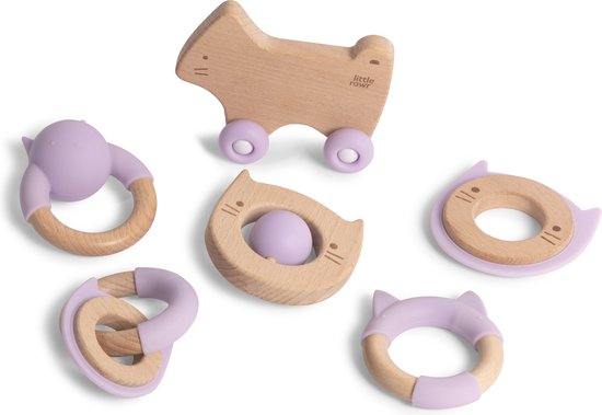 Silibaby – Bijtringen voor Baby's – Houten Speelgoed met Silicone – Bijtspeelgoed - Set van 6 - Paars van Silibaby
