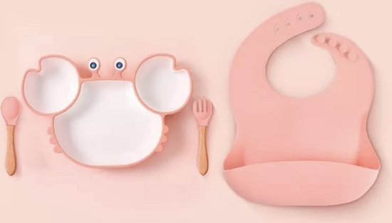 Silicone kinderservies met een zuignap onder het bord - 4 delig - roze - baby servies set  - kinderbestek - kinderbord - baby servies - baby bestek - krab van Merkloos