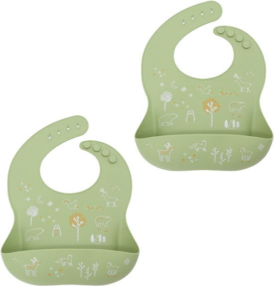 Silicone Slabber met print (Olijfgroen) - Waterdicht - Baby - Vanaf 6 maanden – Met opvangbakje - Slab - BIB - 2 stuks van Merkloos