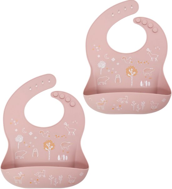 Silicone Slabber met print (Poeder Roze) - Waterdicht - Baby - Vanaf 6 maanden – Met opvangbakje - Slab - BIB -2 Stuks van FlinQ