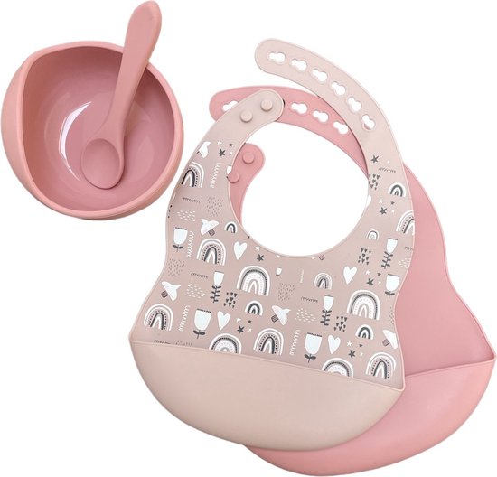 Siliconen 4-delige set - Roze - opvangbak - Kinder servies - Slabber - slabbetjes - Baby - Kinderbestek - Slab van Merkloos
