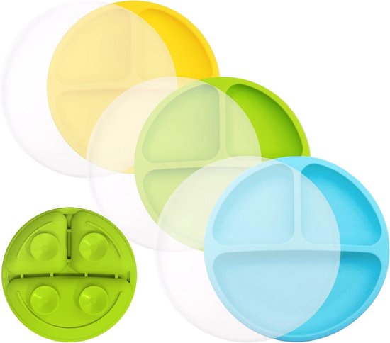 Siliconen antislip kinderbord met zuignap en bestek - Groen blauw geel - Babyplacemat voor baby's peuters en kinderen met deksel van Max & Ellen